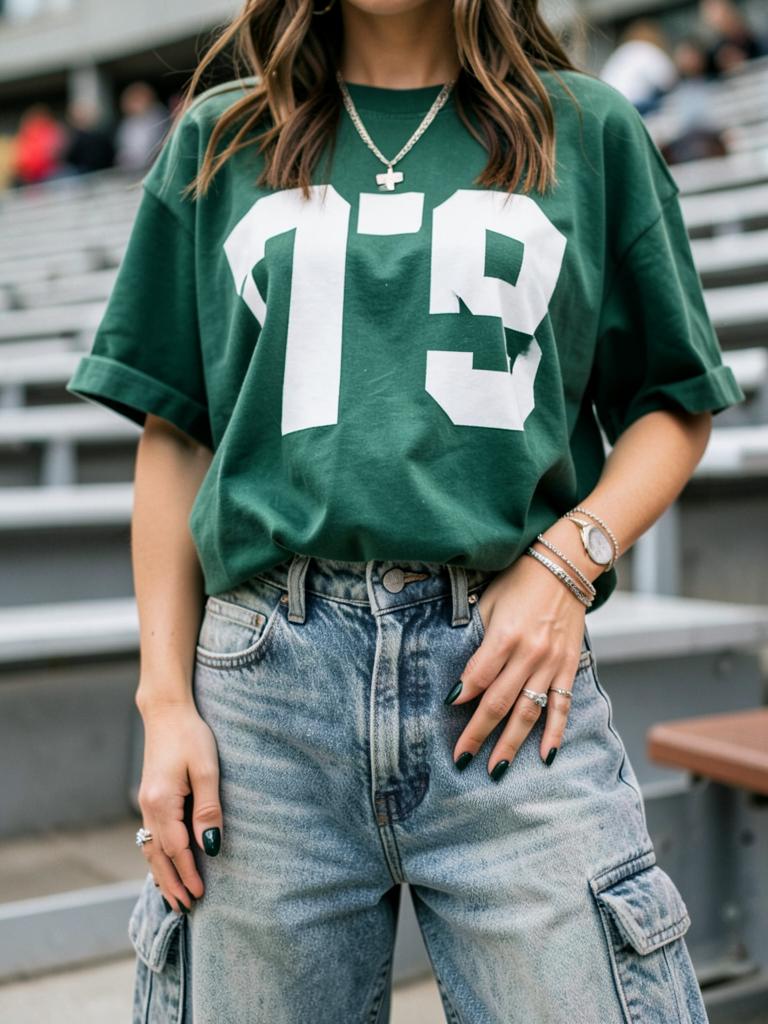 Vintage Birds tee, cargo jeans, midnight green nails with tiny stars. Go Birds!